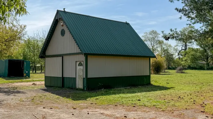 Green-roofed outbuilding with open surrounding grounds.